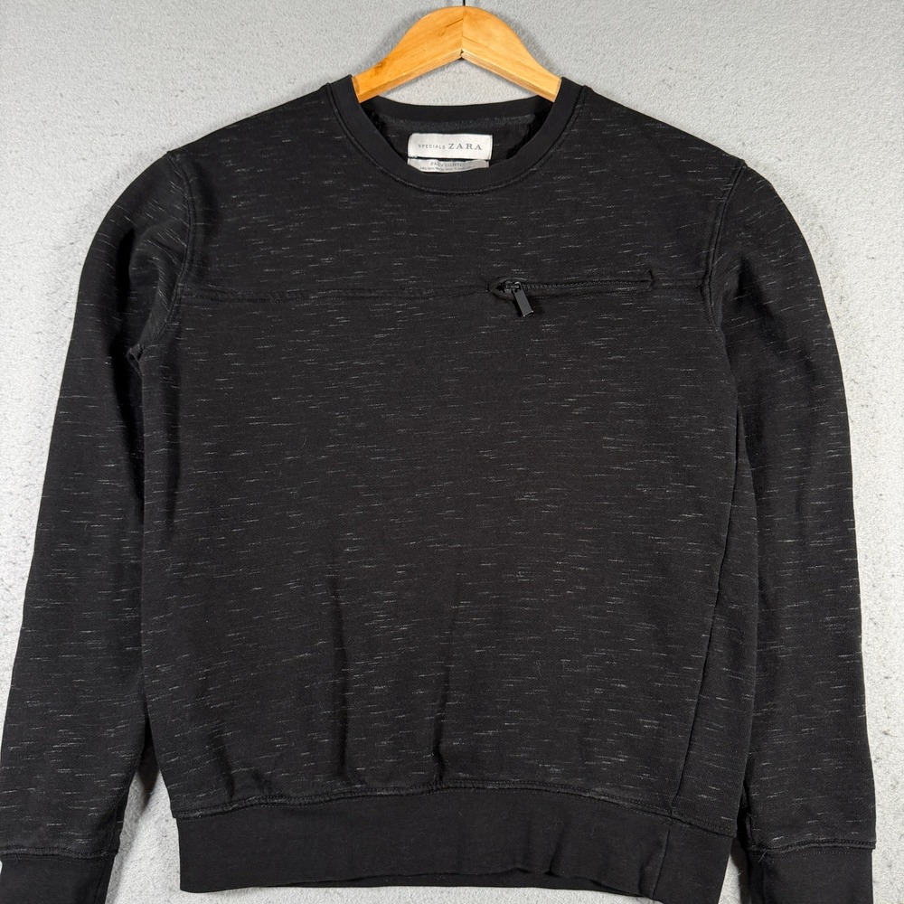 Zara Mens Black Heathered Crewneck Sweatshirt with Zipper Pocket Small